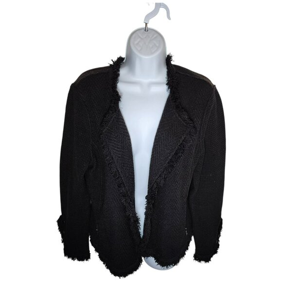 Nic + Zoe Womens Jacket L Black Fringe Open Front Knit Zip Pocket Long Sleeve - Picture 9 of 9